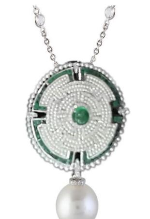 Emerald,Topaz,Pearl Tassel Necklace In 18K Gold With Diamond
