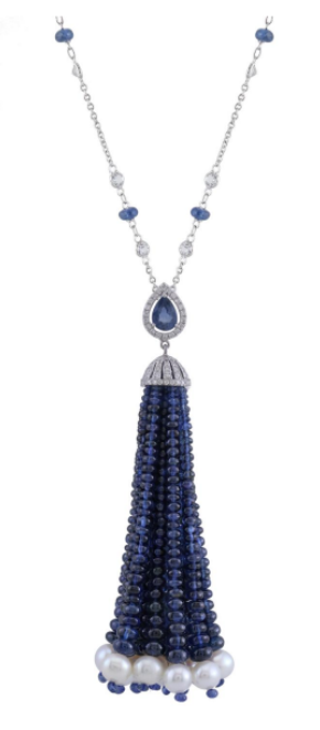 Tassel Diamond Necklace In 18K Gold With Blue Sapphire,Topaz,Pearl